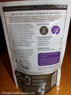 Caloric and nutritional information on Max & Ruffy's treats.