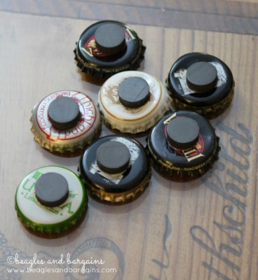 Attach magnets with Gorilla Glue for DIY Bottle Cap Magnets.