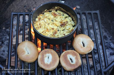 Egg sandwiches cooked on a campfire.